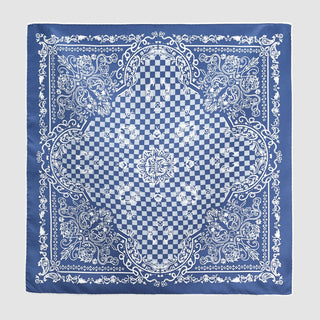 Steel Blue silk bandana with baroque check pattern, featuring ornate white floral borders and checkered center with hand-rolled edges