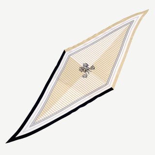 Diamond-shaped silk scarf with beige stripes, decorative monogram at center, and black border trim on pure white background