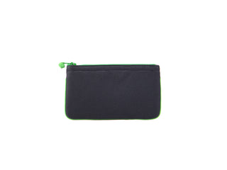 Black recycled zipper wallet with bright green trim and zipper pull, compact rectangular design for cards and small items
