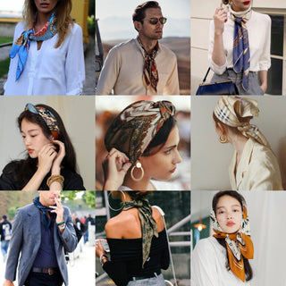 Collage of versatile silk scarves styled in different ways - as neck accessories, head wraps, and bandanas in various colors including burnt orange, navy, and patterned designs.