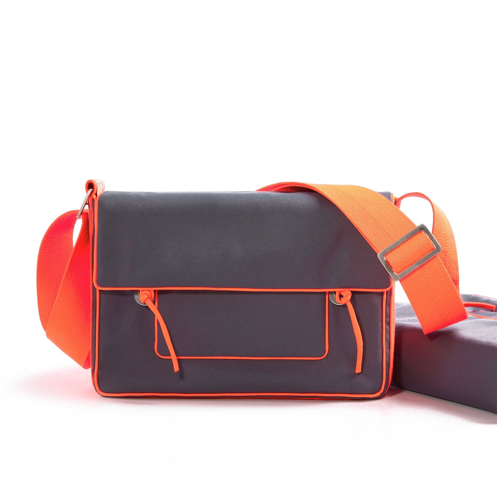 a grey preppy style  messenger bag with orange strap