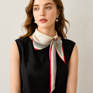 A woman wearing a cream silk scarf with geometric pattern and a red border, tied around her neck in a black sleeveless top. 