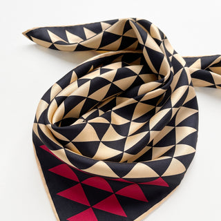 Beige and black geometric triangle silk bandana with red corner, 53cm square with hand-rolled hems.
