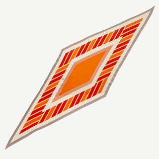 Geometric diamond silk cashmere wool scarf in warm orange and red tones with taupe border, lightweight and elegant.