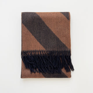 Folded brown and black herringbone cashmere scarf with fringed edges on light grey background.