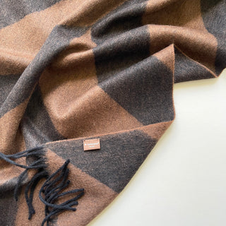 Close-up of brown and black herringbone cashmere scarf showing soft texture and LuluLane label.