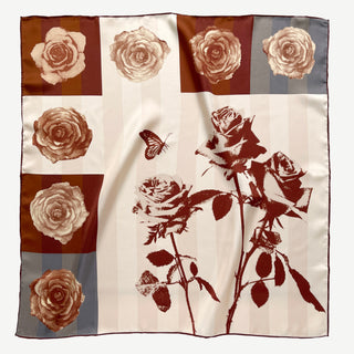 Berlin Rose silk scarf – 65cm vintage floral square bandana in sepia tones with rust red hand-rolled hems by LuluLane