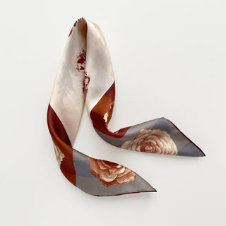 Berlin Rose silk scarf – 65cm vintage floral square bandana in sepia tones with rust red hand-rolled hems by LuluLane