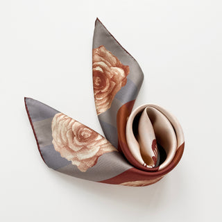 Berlin Rose silk scarf – 65cm vintage floral square bandana in sepia tones with rust red hand-rolled hems by LuluLane