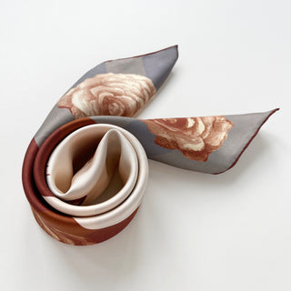 Berlin Rose silk scarf – 65cm vintage floral square bandana in sepia tones with rust red hand-rolled hems by LuluLane