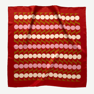 Retro Bauhaus silk scarf in red and pink geometric pattern, 65cm square.