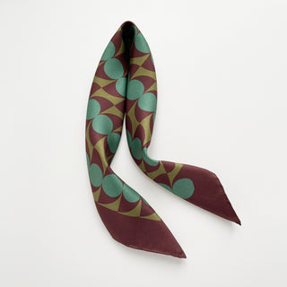 Retro Bauhaus silk bandana square scarf in teal green and chocolate brown with mint circles.