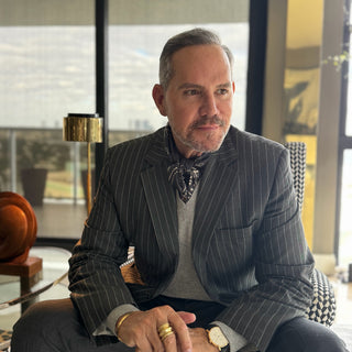 men’s dark grey paisley silk scarf styled with tailored suit, square neck scarf worn under blazer by LuluLane