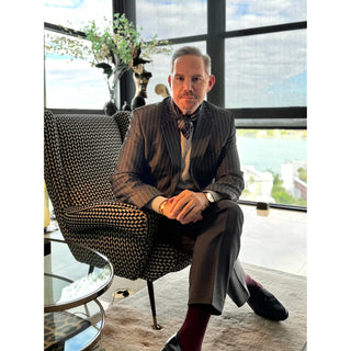 men’s dark grey paisley silk scarf styled with tailored suit, square neck scarf worn under blazer by LuluLane