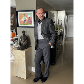 men’s dark grey paisley silk scarf styled with tailored suit, square neck scarf worn under blazer by LuluLane