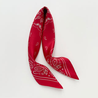 Unisex red silk square scarf with double-sided bandana print, 100% silk twill by LuluLane.