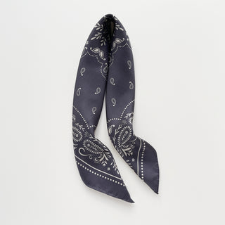 Unisex charcoal grey silk bandana scarf, 65cm square with modern paisley print and hand-rolled hems by LuluLane.