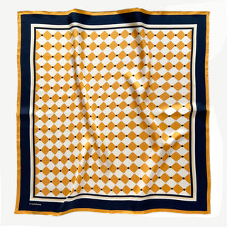 unisex silk scarf 65cm in chess board pattern, golden squash yellow and navy, double-sided print, hand-rolled hems by LuluLane.