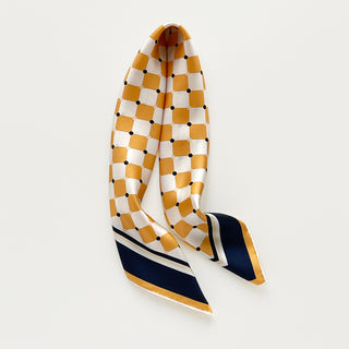 unisex silk scarf 65cm in chess board pattern, golden squash yellow and navy, double-sided print, hand-rolled hems by LuluLane.