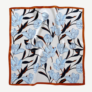 Women’s silk bandana scarf 53cm with tulip floral print, double-sided satin square with burnt orange border by LuluLane