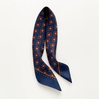 Men’s paisley silk scarf 65cm in navy blue, double-sided silk twill square with hand-rolled hems by LuluLane