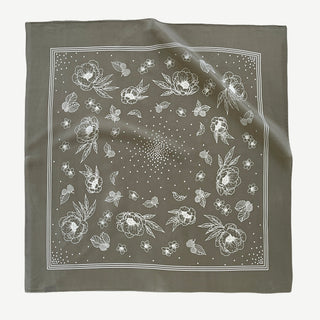 women’s silk scarf 58cm in dusty sage green floral print, square silk crepe scarf with hand-rolled edges.