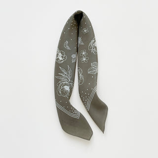 women’s dusty sage silk scarf, floral print square scarf in 100% silk crepe with hand-rolled hems.