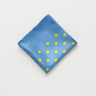 Folded women’s sky blue tennis polka dot silk scarf, square bandana inspired by British summer tennis courts