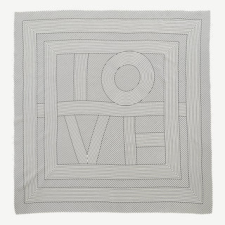 Women’s black and white geometric silk scarf in 90x90cm square design with subtle LOVE lettering and minimalist stripe pattern.