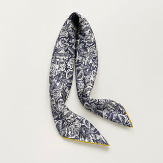 Retro rose silk scarf neckerchief in navy blue and ivory with vintage floral and swallow print and mustard yellow hand-rolled edges