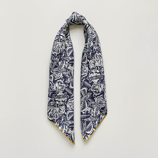 Retro rose silk scarf neckerchief in navy blue and ivory with vintage floral and swallow print and mustard yellow hand-rolled edges