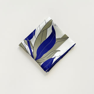 Women’s blue iris silk scarf in 65cm square size, floral silk twill scarf with double-sided print and hand-rolled edges