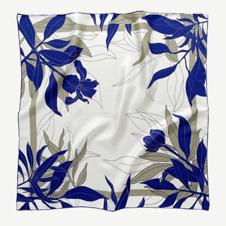 Women’s blue iris silk scarf in 65cm square size, floral silk twill scarf with double-sided print and hand-rolled edges