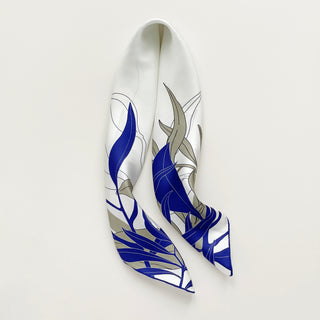 Women’s blue iris silk scarf in 65cm square size, floral silk twill scarf with double-sided print and hand-rolled edges