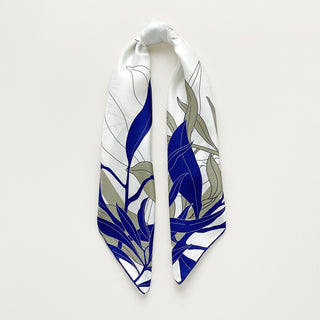 Women’s blue iris silk scarf in 65cm square size, floral silk twill scarf with double-sided print and hand-rolled edges