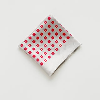 Women's silk scarf with red mini floral pattern on ivory background, lightweight square bandana with vintage-inspired flower print