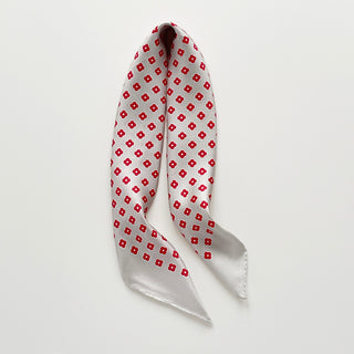 Women's silk scarf with red mini floral pattern on ivory background, lightweight square bandana with vintage-inspired flower print