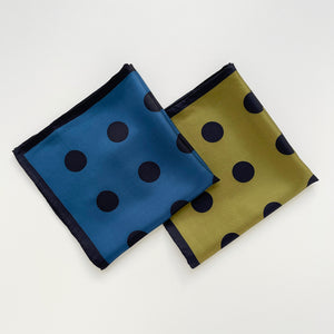 two black polka dots printed silk bandanas in Yale blue and olive green