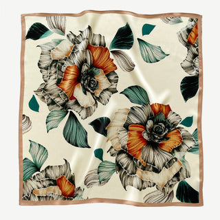 women's floral silk scarf with botanical flower print in warm ivory peach and teal, 53cm square silk bandana