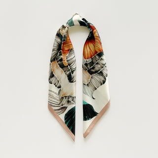 women's floral silk neck scarf in ivory with oversized botanical blooms and blush border, 53cm square silk bandana
