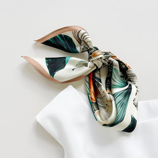 women's floral silk neck scarf in ivory with oversized botanical blooms and blush border, 53cm square silk bandana