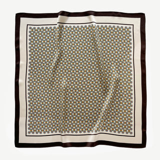 men's silk neckerchief with heritage geometric print in ivory, blue and brown, 65cm square scarf