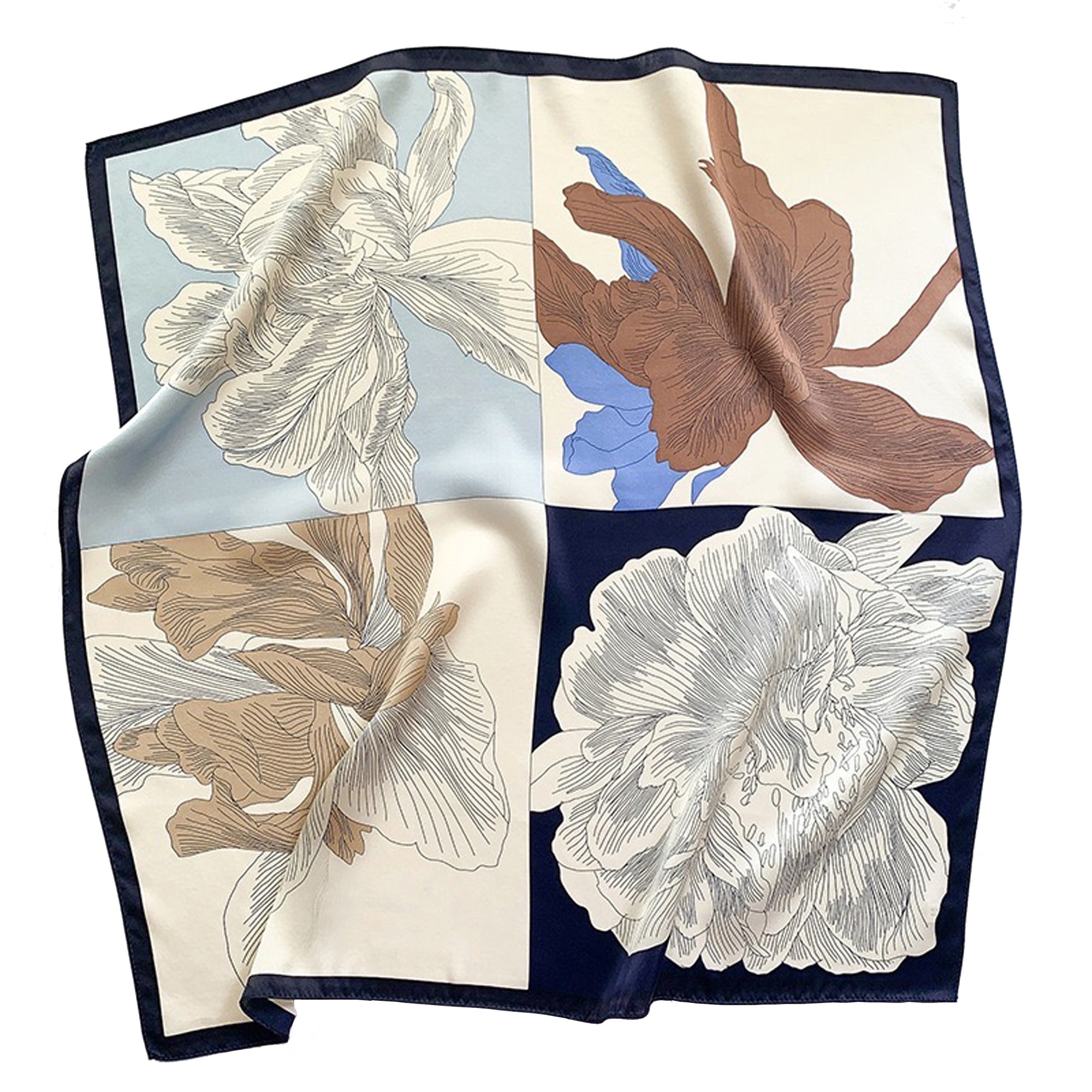 a silk scarf with blooming flower artwork print in blue pallette