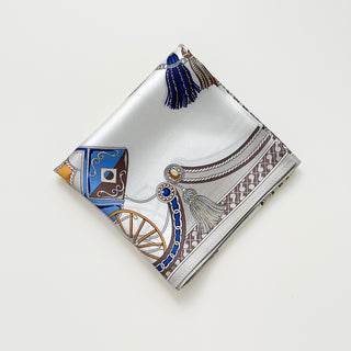 women's heritage equestrian silk scarf with carriage, chain and tassel print on silver white background, 65cm square scarf