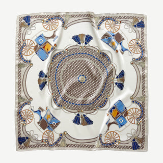women's heritage equestrian silk scarf with carriage, chain and tassel print on silver white background, 65cm square scarf