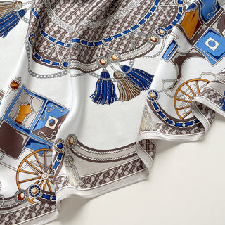 women's heritage equestrian silk scarf with carriage, chain and tassel print on silver white background, 65cm square scarf