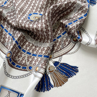women's heritage equestrian silk scarf with carriage, chain and tassel print on silver white background, 65cm square scarf