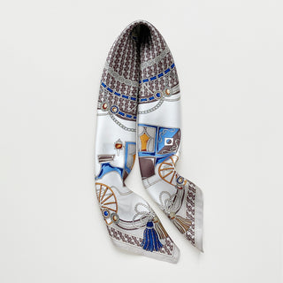 women's heritage equestrian silk scarf with carriage, chain and tassel print on silver white background, 65cm square scarf