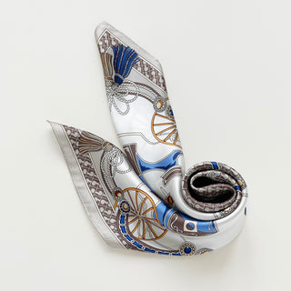 women's heritage equestrian silk scarf with carriage, chain and tassel print on silver white background, 65cm square scarf