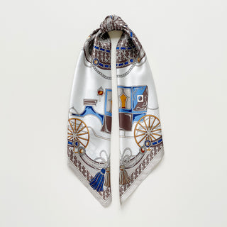 women's heritage equestrian silk scarf with carriage, chain and tassel print on silver white background, 65cm square scarf